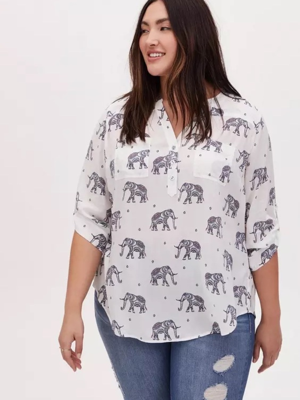 Torrid Harper White Challis Elephant Print Pullover Blouse Size 4